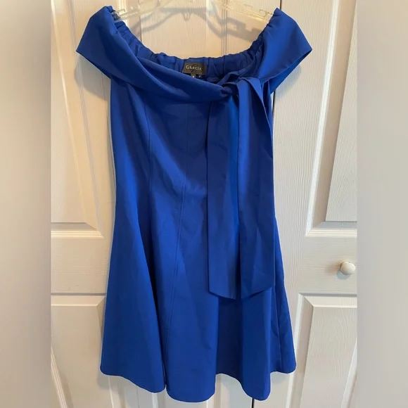 Blue Dress by Gracia size M Medium on or off shoulder with tie stretchy swing - Picture 2 of 11